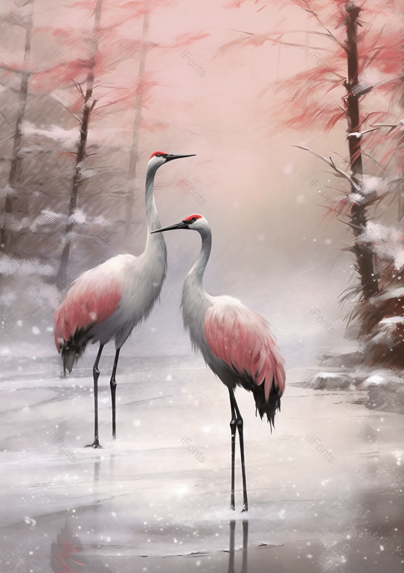 红色雪松林大寒节气国风意境鸟类手绘插画,插画/手绘图,插画/手绘图库,插画/手绘图下载,插画/手绘